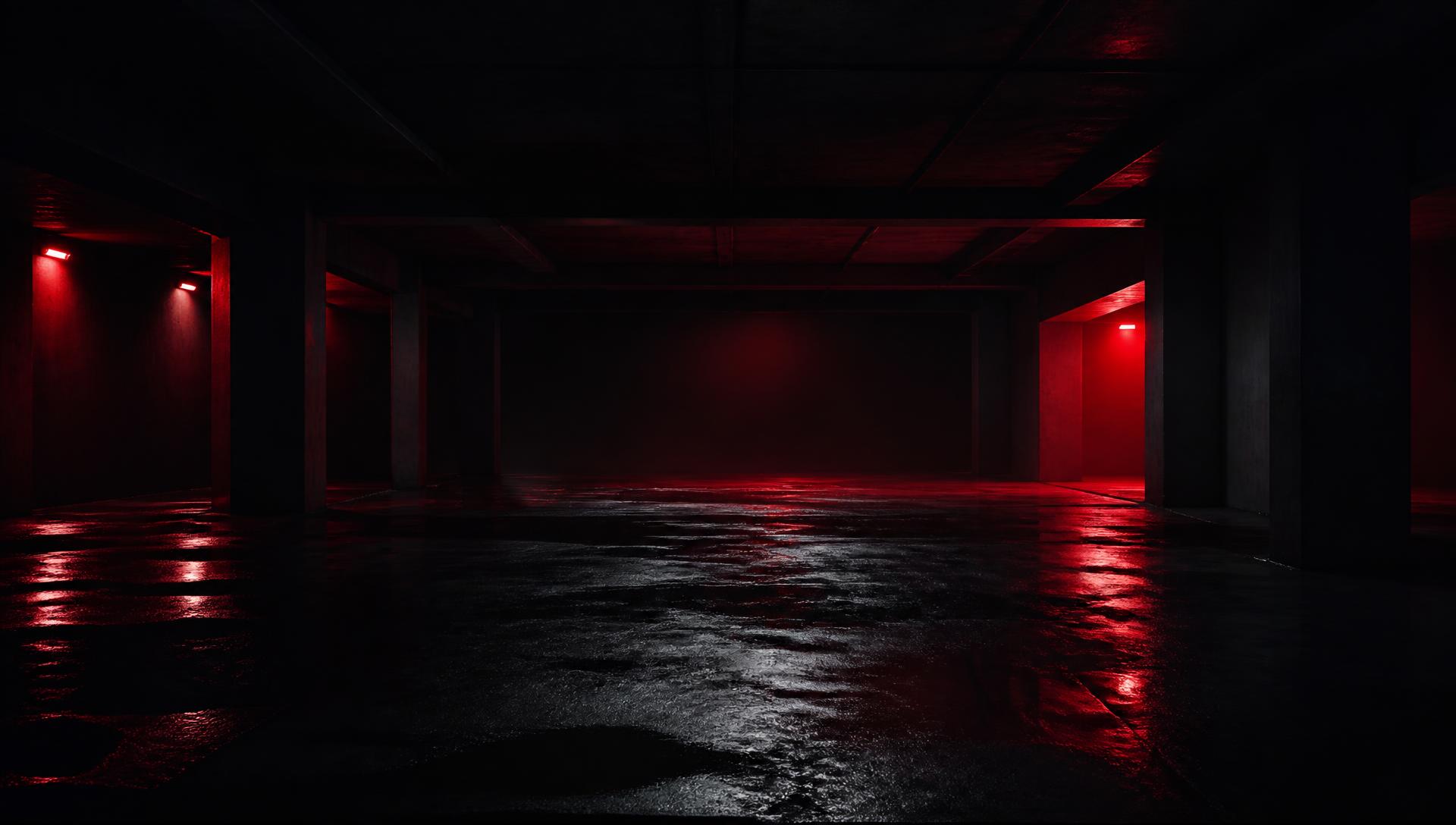 Dark garage lit in red at night
